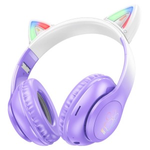 Hoco W42 Cat Bluetooth Headphones with LED Lights – Purple, Pink, and Blue
