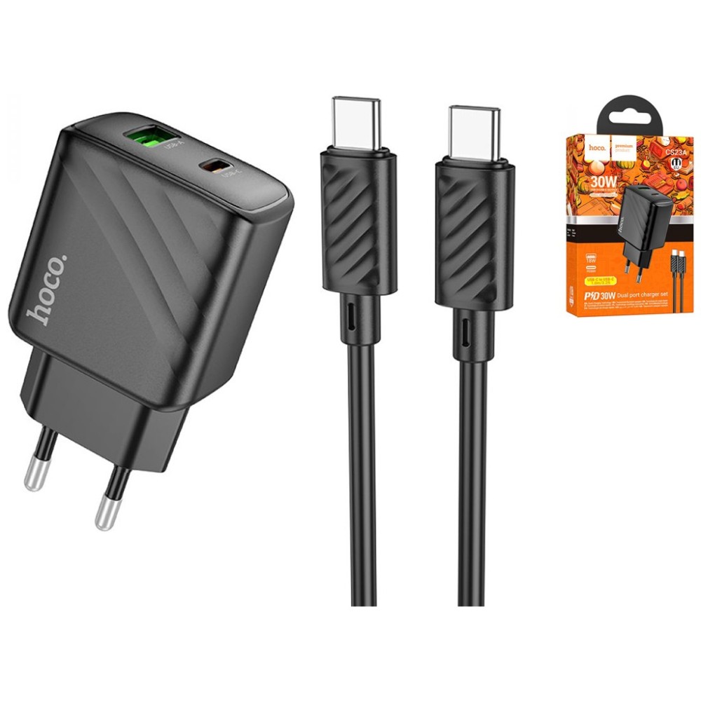Charger with Type C to C Cable Dual PD 30W + USB QC3.0 Hoco CS23A 3A