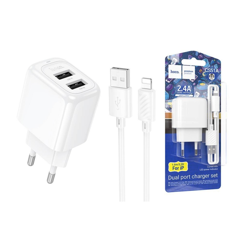 Hoco CS51A 2.4A Dual USB Charger with Lightning Cable