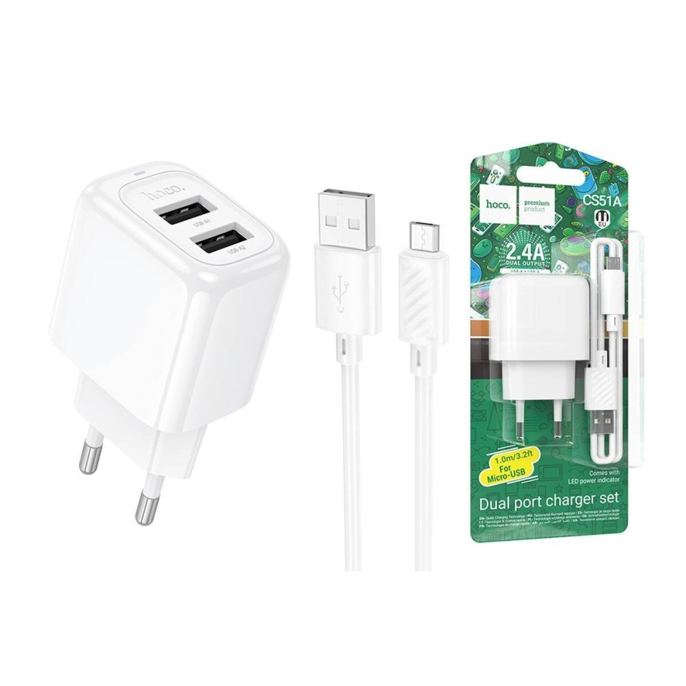 Hoco CS51A 2.4A Dual USB Charger with Micro USB/V8 Cable