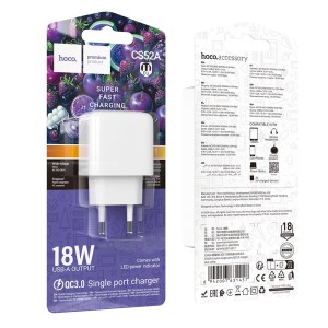 Cargador Hoco CS52A 18W QC3.0 USB-A Rápido y Compacto