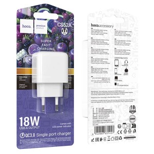 Cargador Hoco CS52A 18W QC3.0 USB-A Rápido y Compacto