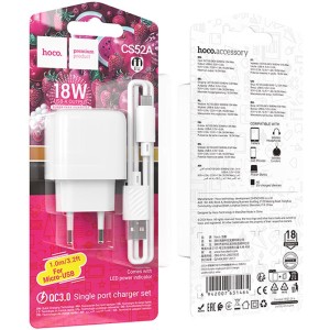 Cargador Hoco CS52A 18W con Cable MicroUSB | Carga Rápida QC3.0