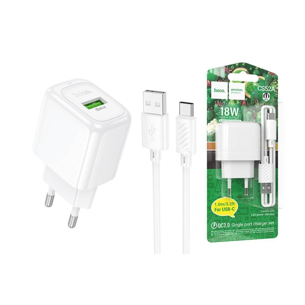 Cargador Rápido USB QC3.0 con Cable Tipo C Hoco CS52A 18W