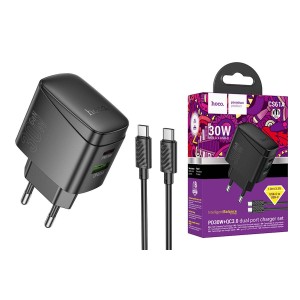 Hoco CS61A 3A Charger with Dual PD 30W Type C to C Cable + USB QC3.0