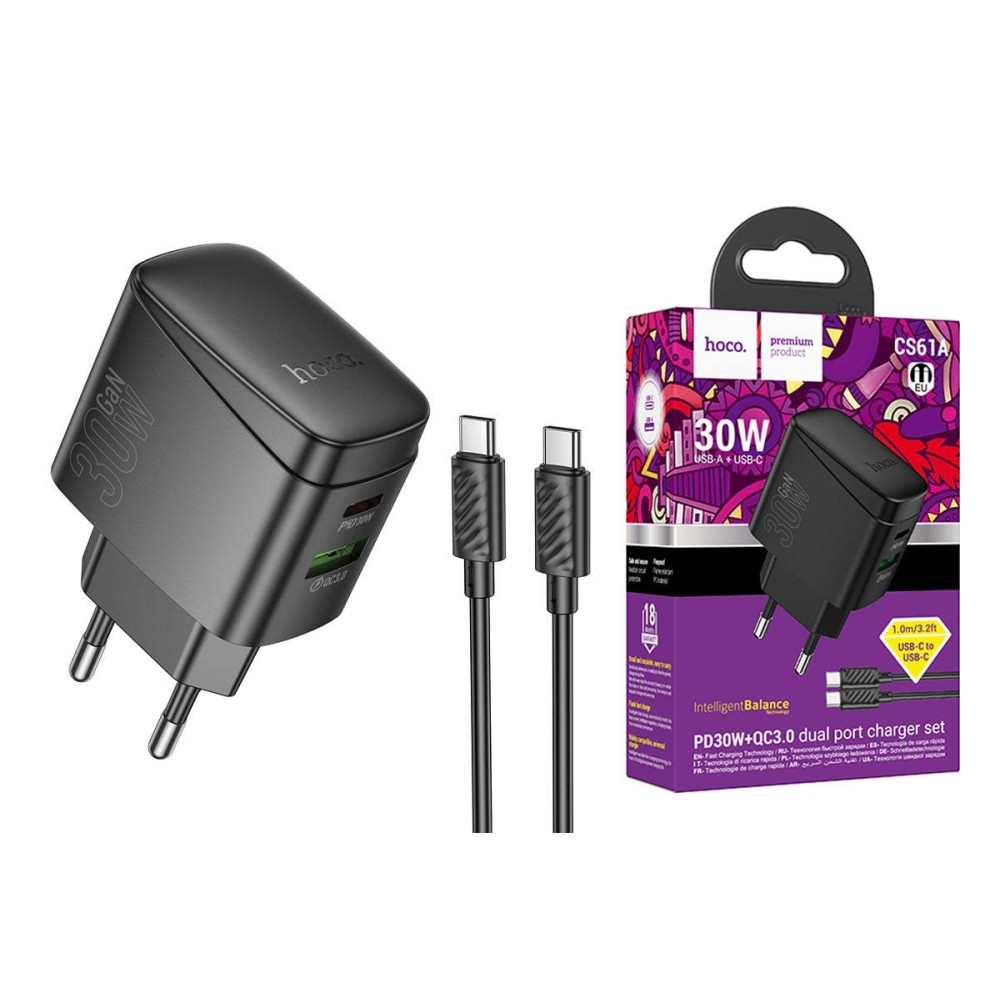 Hoco CS61A 3A Charger with Dual PD 30W Type C to C Cable + USB QC3.0