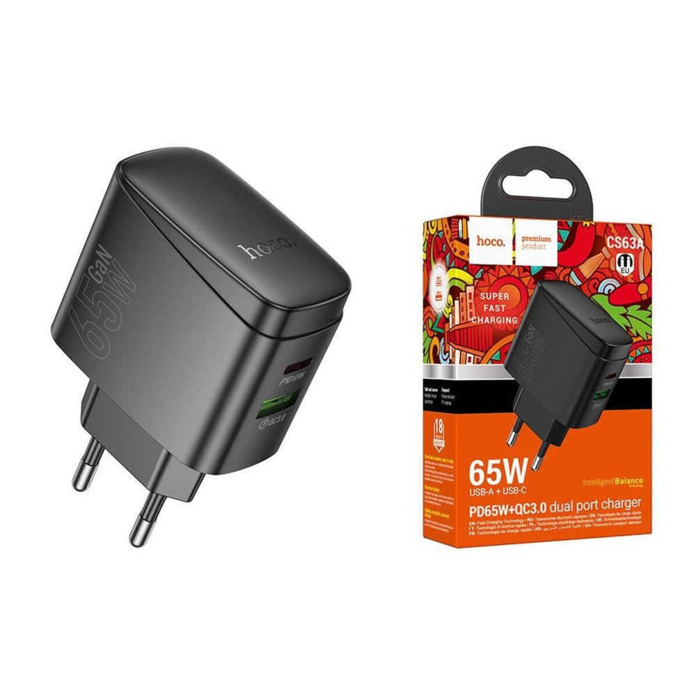 Cargador Adaptador Dual Tipo C PD 65W + USB QC3.0 Sin Cable Hoco CS63A