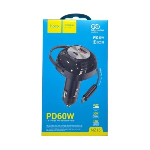 Cargador de Auto Hoco NZ15 60W con Cable Retráctil Tipo-C | Carga Rápida PD y QC
