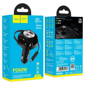 Cargador de Auto Hoco NZ15 60W con Cable Retráctil Tipo-C | Carga Rápida PD y QC