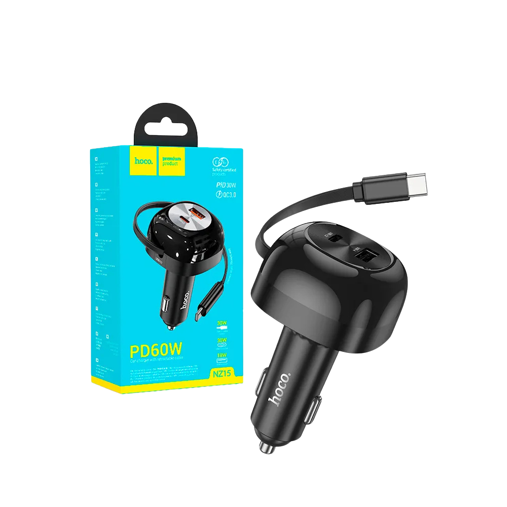 Hoco NZ15 60W Type-C Car Charger with Retractable Type-C Cable, Black