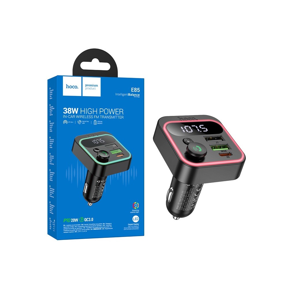 Hoco E85 Black RGB 38W Bluetooth Car Charger and Transmitter.