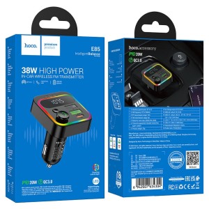 Cargador de Auto Hoco E85 38W con Bluetooth & FM | Carga Rápida PD/QC