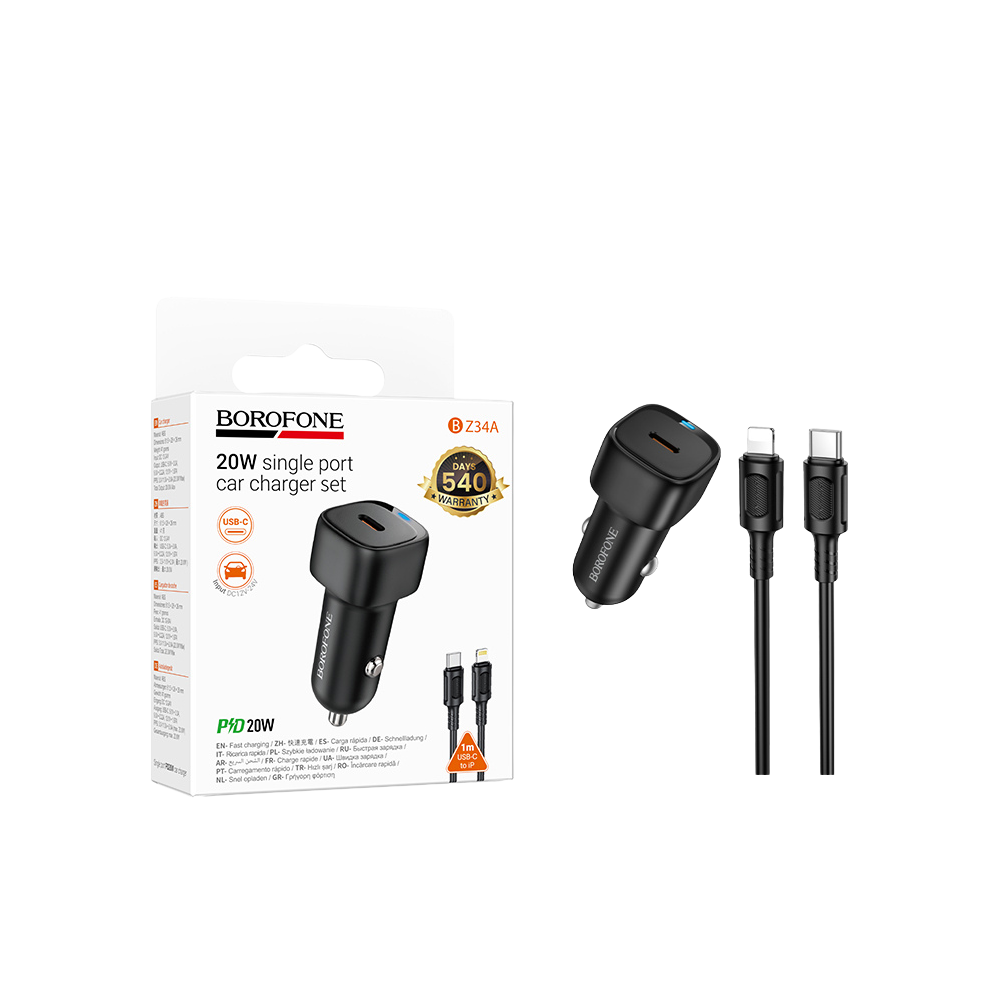 Cargador de Auto Tipo C con Cable Tipo C a Lightning PD20W Borofone BZ34A Negro 1m