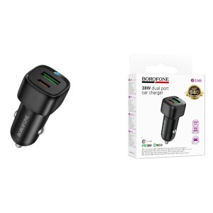 Cargador de Auto con doble puerto USB y Tipo C PD38W Borofone BZ34B Negro 1m