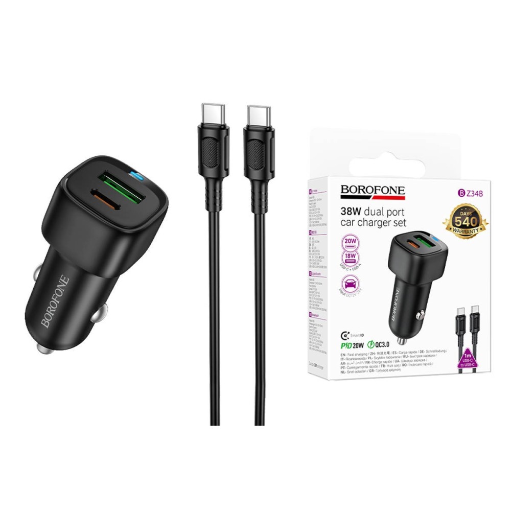 Cargador de Auto con doble puerto y cable Tipo C a C PD38W Borofone BZ34B Negro 1m